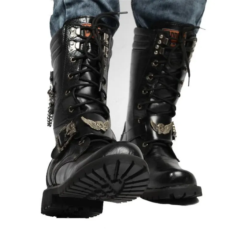 Boots Fashion Men Motorcycle Boots Cool Skull Combat Army Men Boots Punk Goth Biker Men Boots Leather Men Shoes High Top Casual Boot