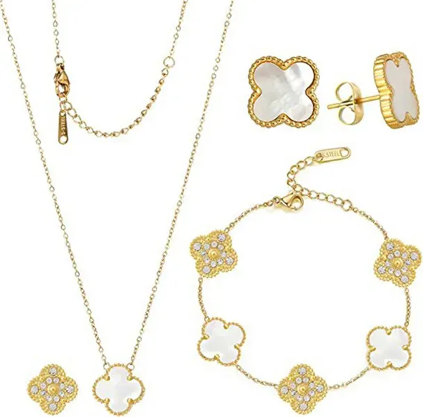 4 Vierblad van klaver Luxe Designer ketting sieraden set hanger kettingen Bracelet Studring vrouwen Christm Valentijnsdag geschenken met doos driedelig