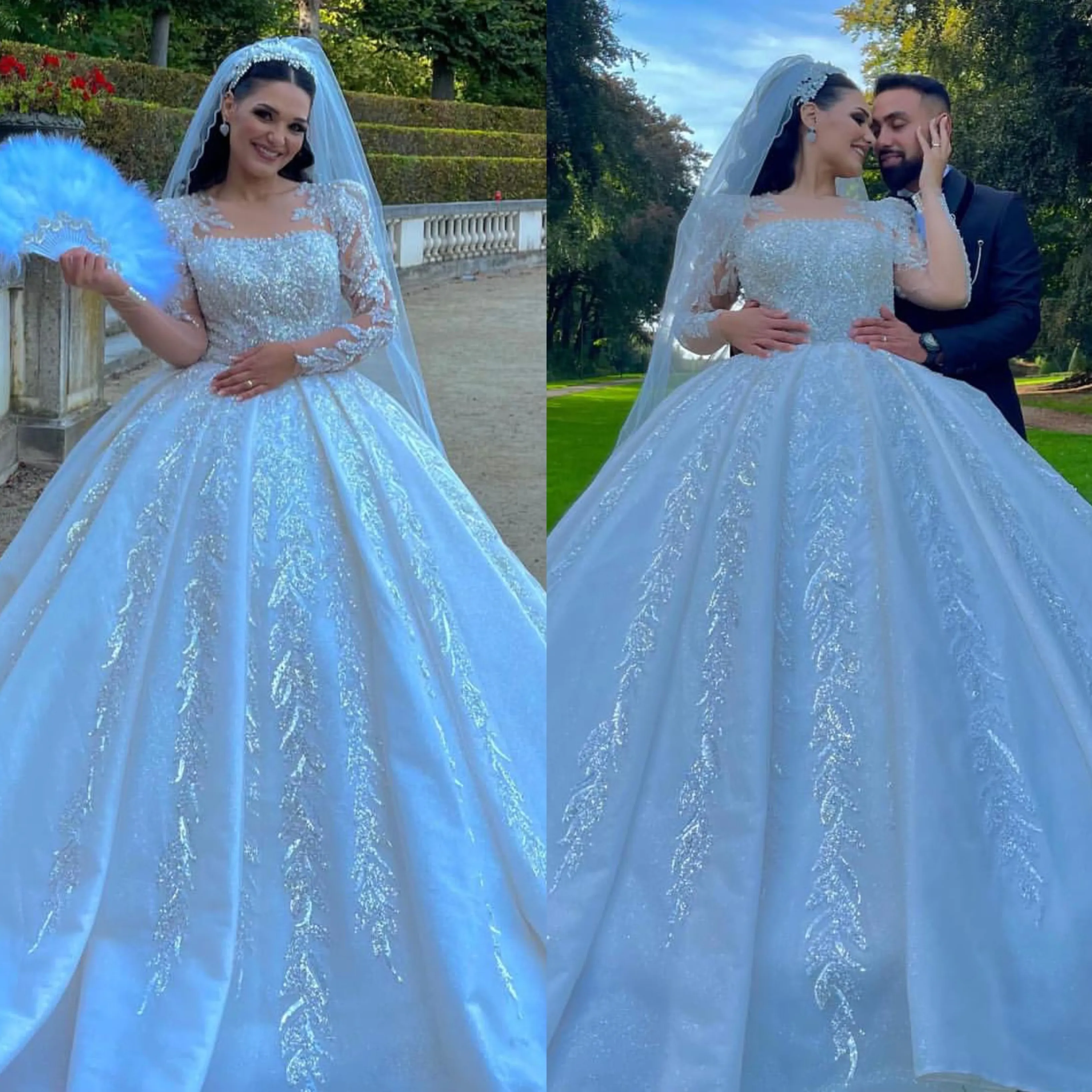Ball Saudi Arabic Gown Kleider Pailletten Illusion Langarmes Hochzeitskleid Perlen Applikationen Custom Made Rüschen Vestido de Novia für Braut