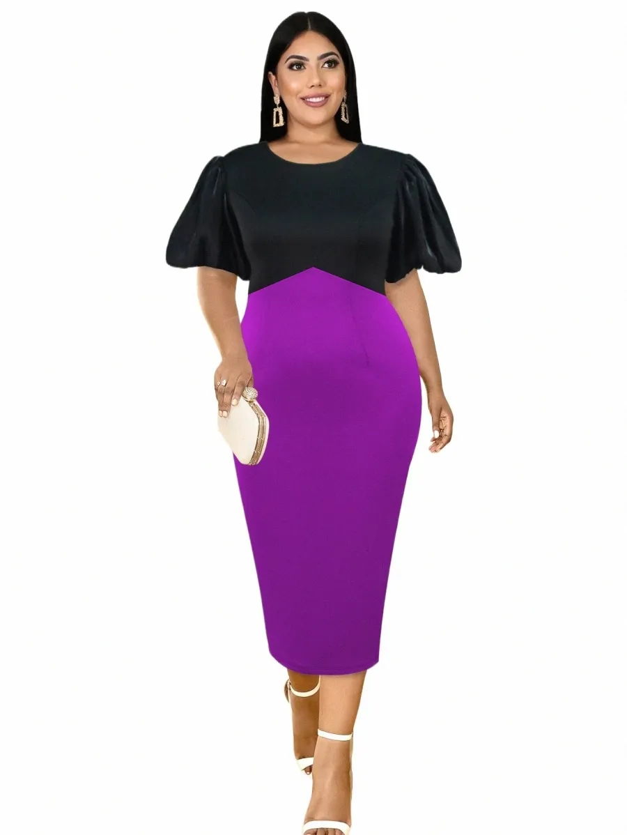 Noir Violet Patchwork Dres pour femmes élégantes manches courtes lanterne paquet hanche mi-mollet formel grande taille robes été 51mk #