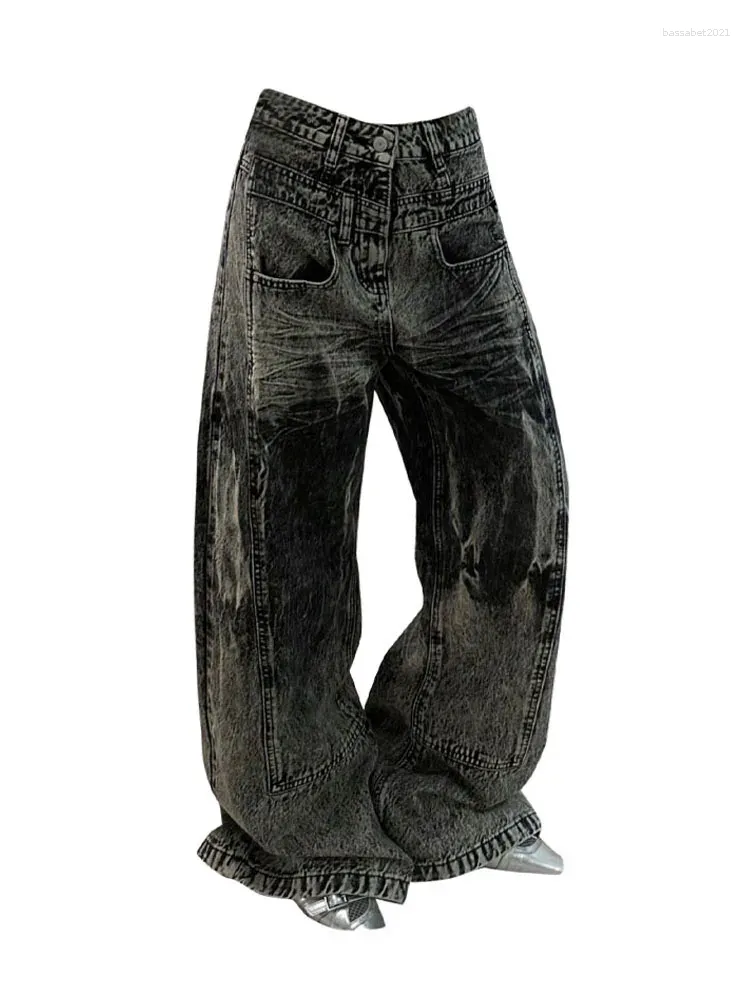 Kvinnors jeans svarta denim breda benbyxor gyaru hög midja modetrendbyxor lyft höfter visar tunn avslappnad koreansk retro med full längd
