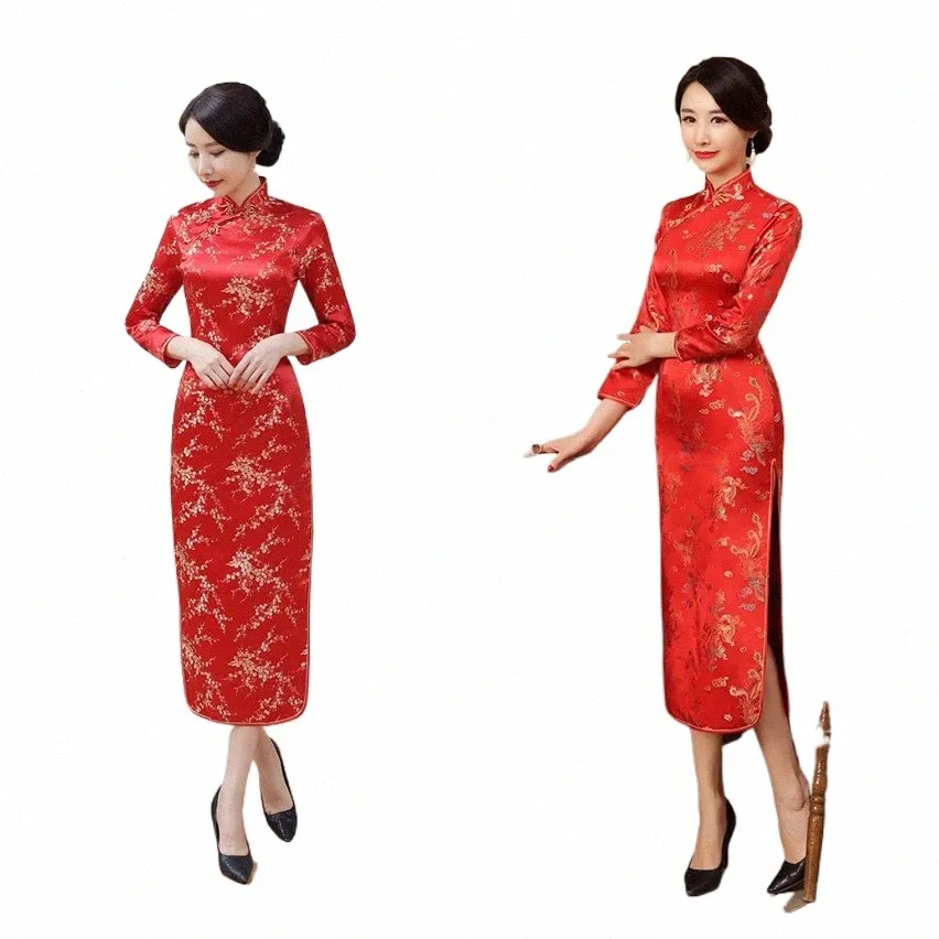 Chińskie noworoczne ubrania dla kobiet LG Dr Red Chegsam Qipao Wedding Dr Pluss Size Woman Even Silk Satin Drag Phoenix F2W1#