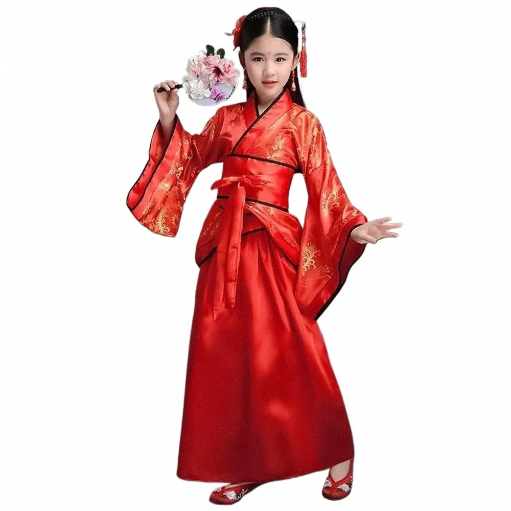 Chinês antigo Dr Meninas Crianças Kimo Traditial Étnica Fan Estudantes Coro Dança Traje Japonês Yukata Kimo Estilo 39eC #