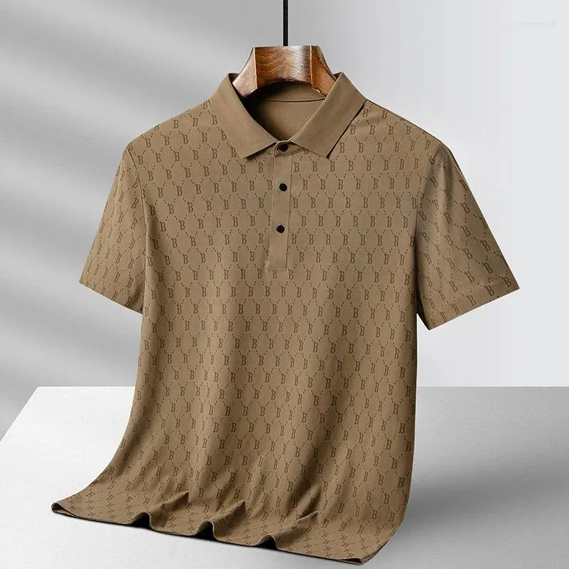 Polos masculinos negócios leves camisa polo de manga curta 2024 verão gelo seda cor sólida simples casual all-match high-end camiseta