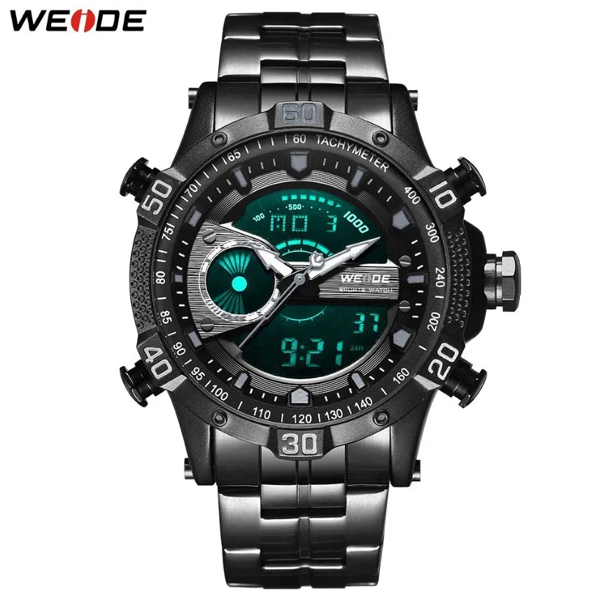 WEIDE Mens Military Chronograph Alarm Automatic Date Clock black metal case belt bracelet Strap Sport Model Relogio Wristwatches2153