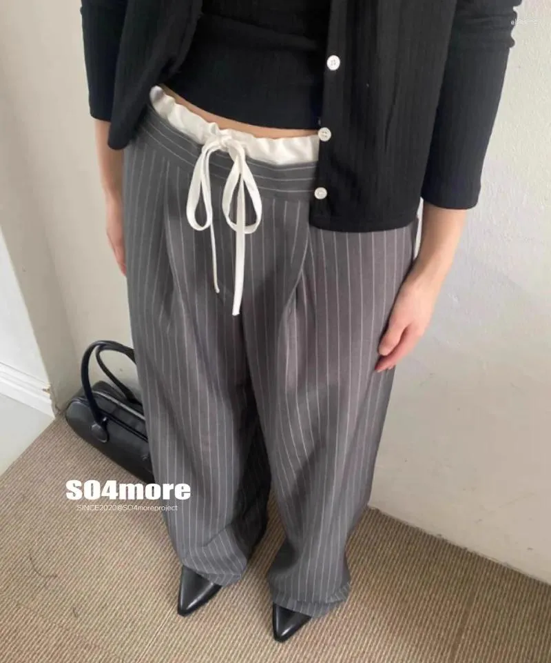 Damesbroek Zwart Grijs Kanten Op maat gemaakte broek Y2k Koreaanse streetwear Dames Pantalones Mujer Los gestreept Vintage Cargo Breed