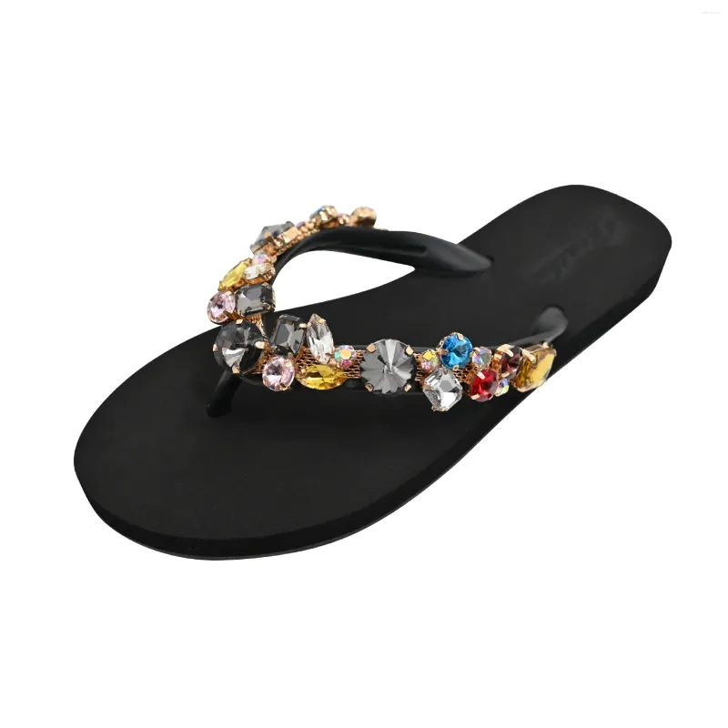 Slippers Summer Women Flip Flops Beach Vacation Rhinestone Sides Sandals 1.5 CM Flat With Soft Casual Shoes For Female