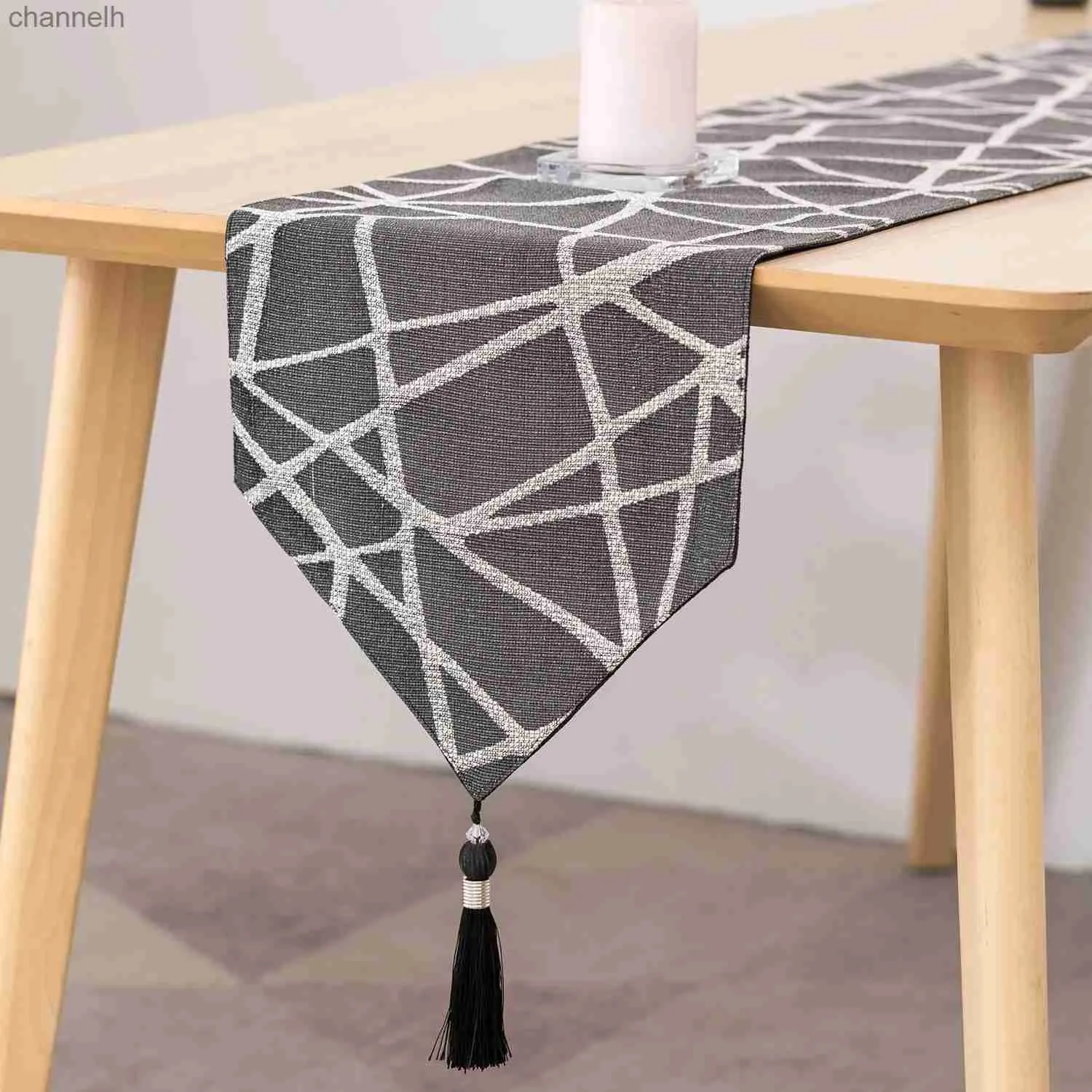 Chemin de Table moderne avec pompon en coton Jacquard, Double couche, Collection géométrique grise et blanche, pour commode de chambre, yq240330