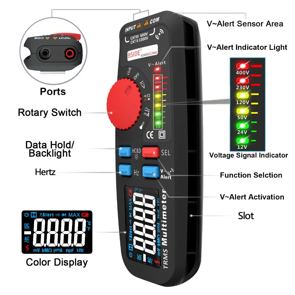 Digital Multimeter BSIDE ADM92CL pro T-RMS Auto Range AC/DC Voltage ...