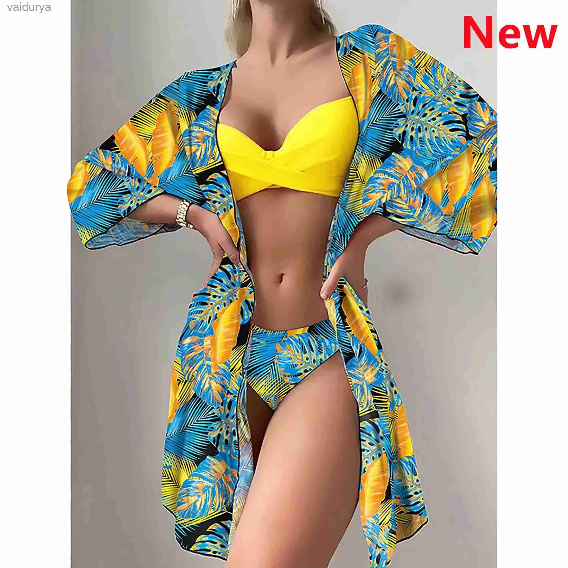 Dames Badmode Bikini Set Dames Drie Stukken Badpak Cover Up 2024 Nieuwe Push Twist Print Lange Mouw Biquini Strandbadpak yq240330