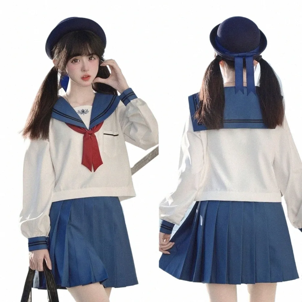 korean Japanese style blue jk uniform sailor suit for girls lg sleeves college style school style suit uniform women o6Y4#