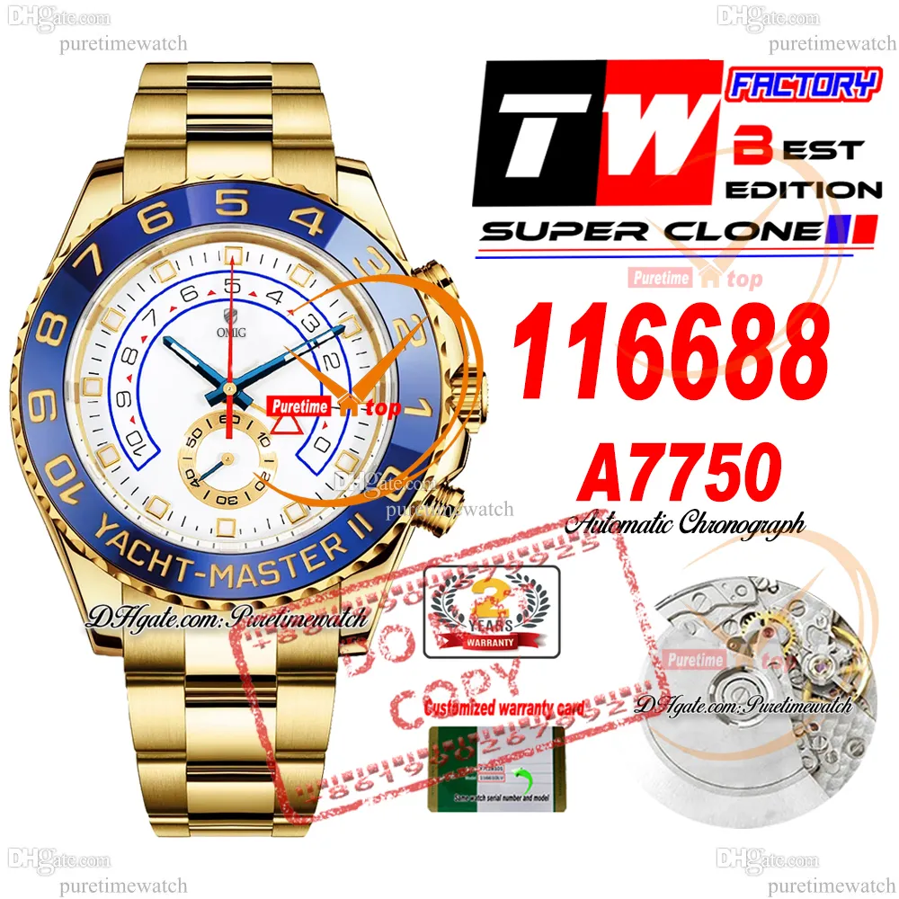 44 mm 116688-0001 A7750 Cronógrafo automático Reloj para hombre TWF Oro amarillo de 18 quilates Bisel de cerámica azul Esfera blanca Pulsera de acero 904L Edición súper Tarjeta de la misma serie Puretime