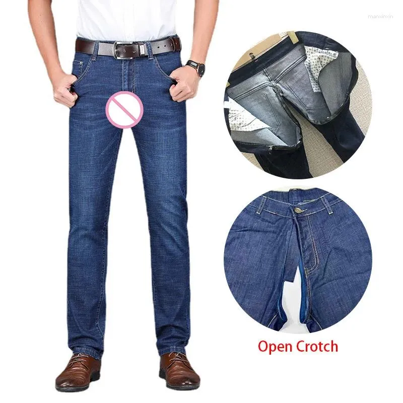 Jeans masculinos homem ao ar livre sexo aberto virilha erótico escondido zíper crotchless calças compridas cintura baixa elástico casal jogo gay calças magras