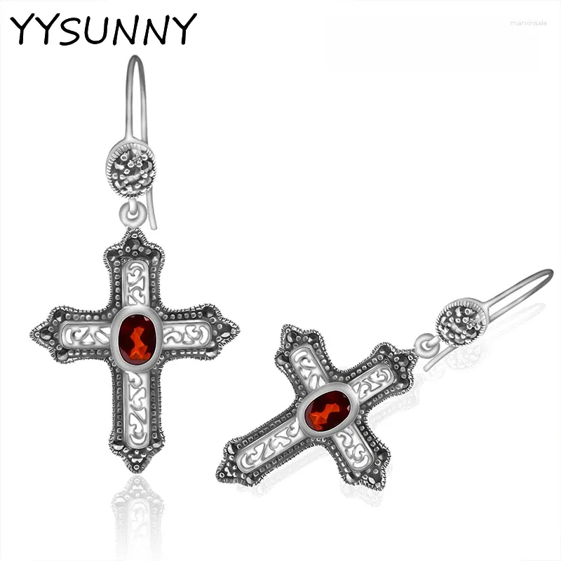 Dangle Earrings YYSUNNY Trendy S925 Sterling Silver Women Cross Inlaid With Red Ruby Fashion Jewelry Christmas Birthday Gifts