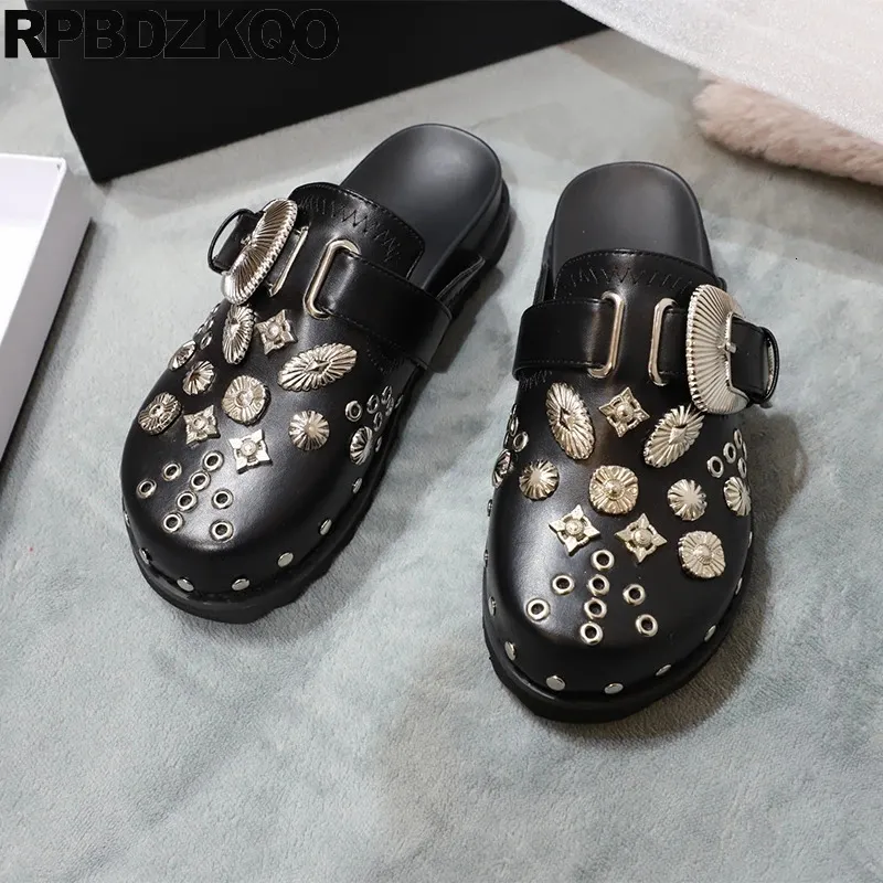 Chaussures en métal glissement 313 étalon sur rivet pantoufles glisse punk half rock rond toe women fur mules boules