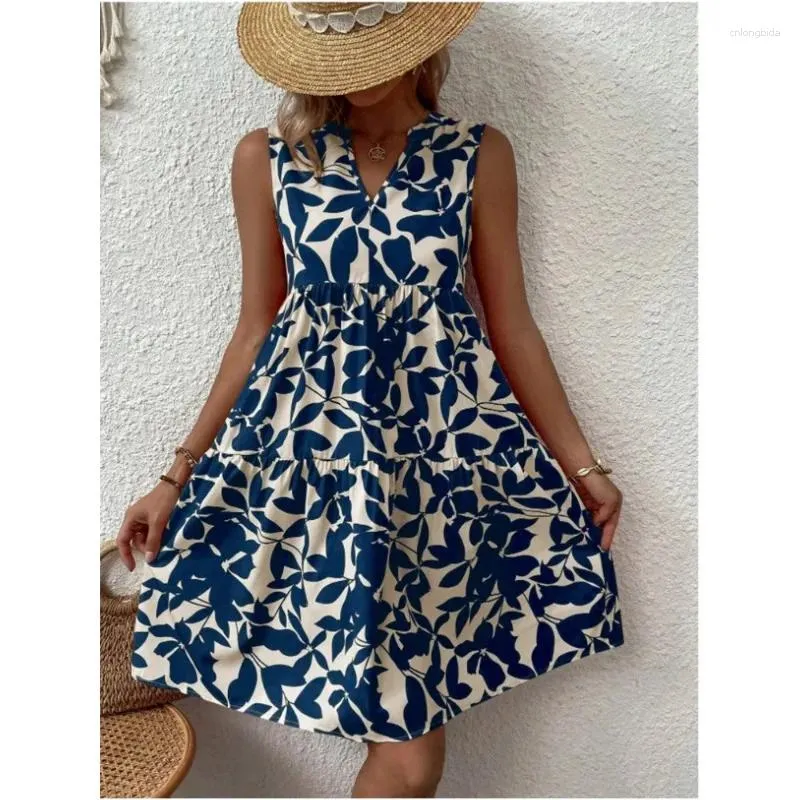 Vestidos casuais vestido de verão sem mangas v pescoço chique e elegante mulher midi boho praia solta joelho-comprimento curto