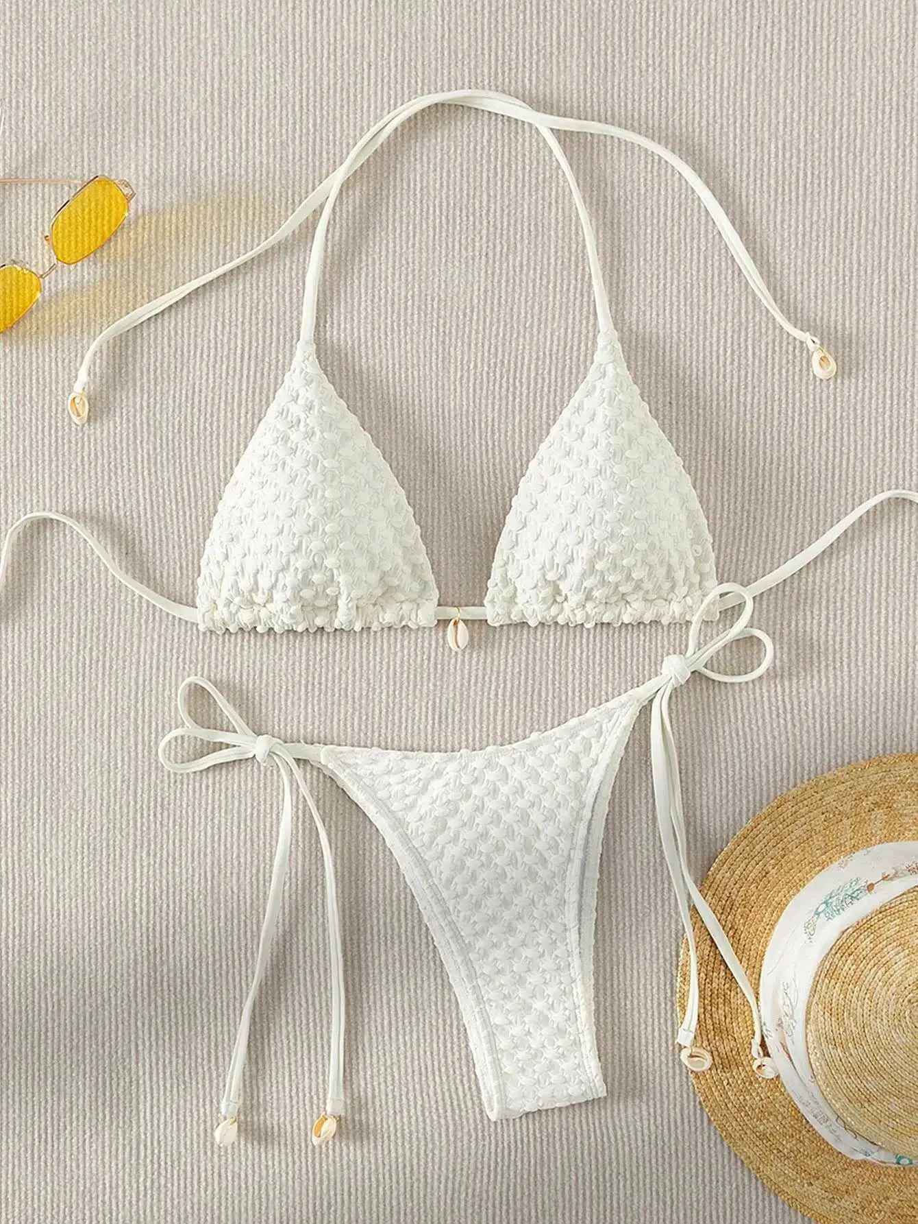 Kvinnors badkläder sexig bikini set vit skal designer baddräkt 2024 ny slinga push up mini bikini sommar baddräkt tie t-thong baddräkt j0330