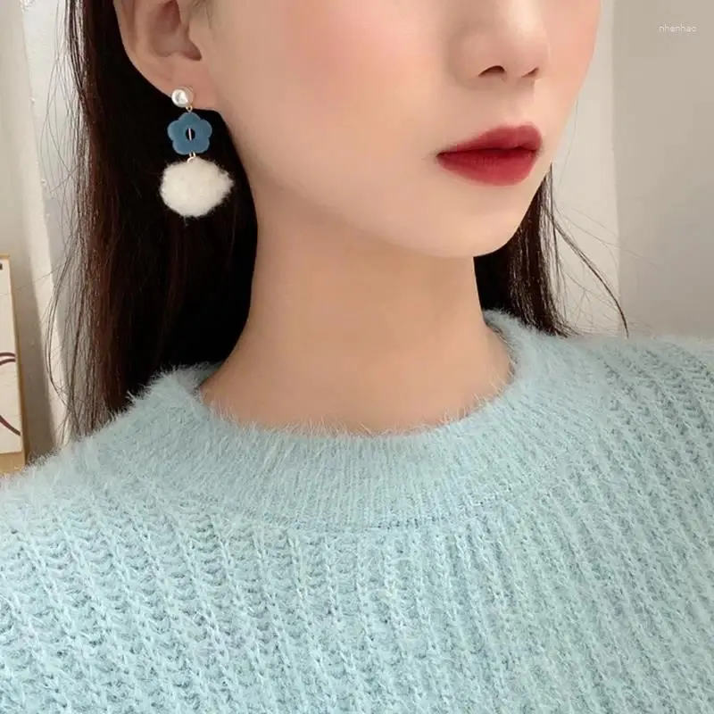 Dangle Earrings Pom Ball Drop for Women 2024 Sweet Winter Blue Fashion Modelry Flower