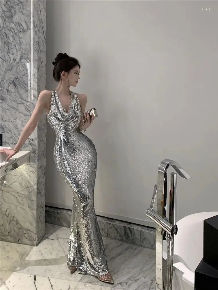 Sparkling Silver Halter Evening Dress for Women