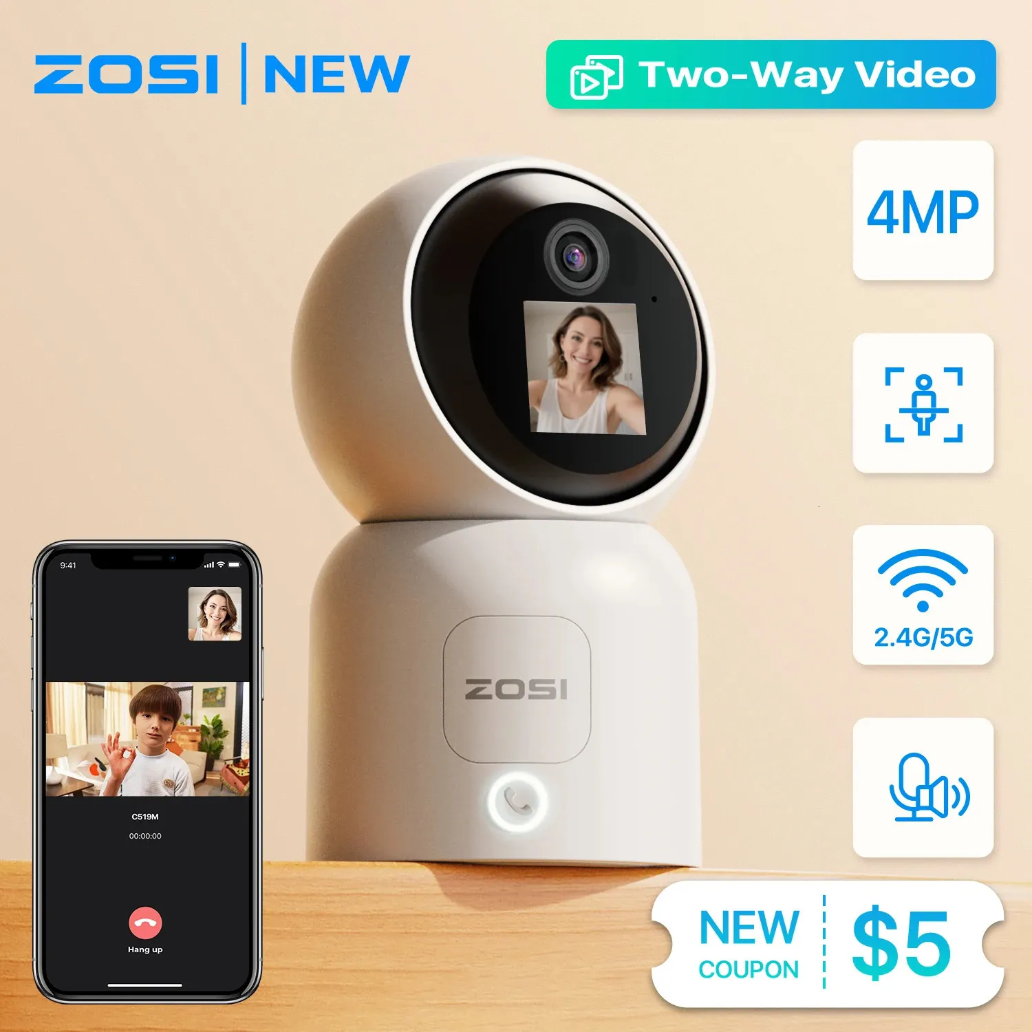 ZOSI C519M 4MP HD moniteur de bébé intérieur 1,44 pouces écran 2.4G/5G WiFi appel vidéo suivi automatique sans fil IP caméra de Surveillance intelligente 240326