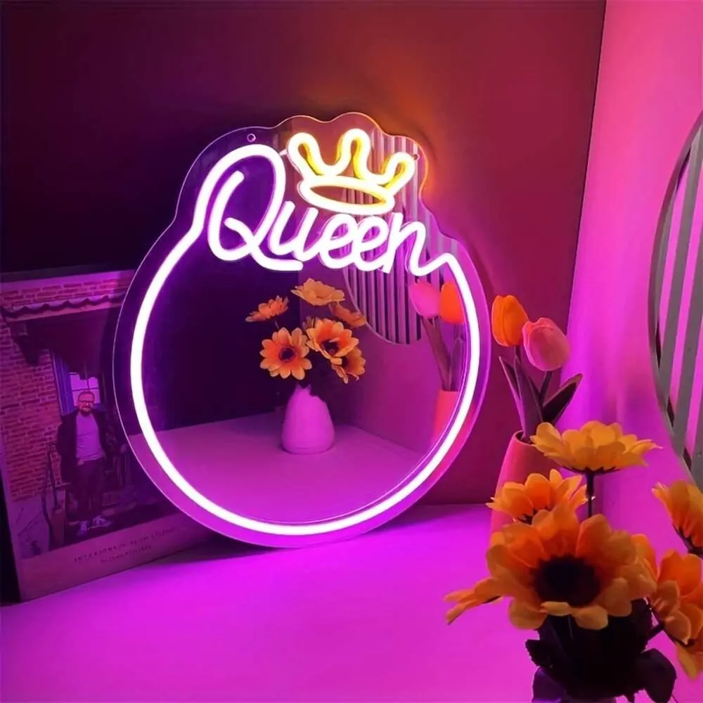 Queen Neon Sign, miroir de maquillage LED monté, miroir mural créatif pour couloir, salon, chambre à coucher, salle de bain, décorations pour la maison