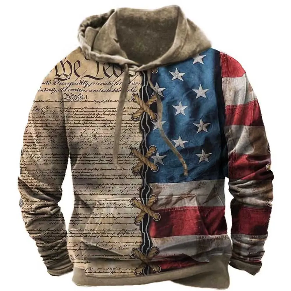 Ny tröja med amerikansk flagga 3D -tryckta män Loose Casual Hoodie