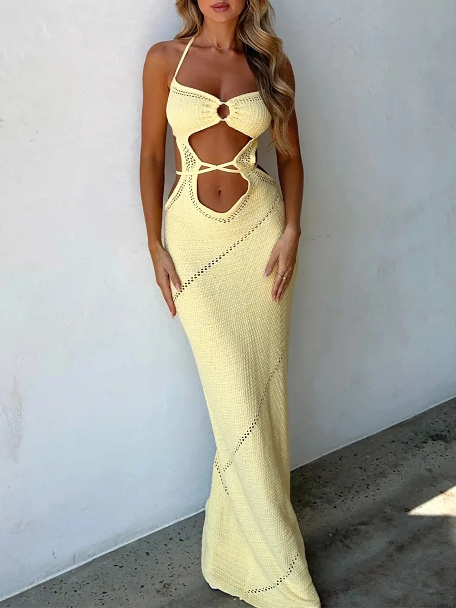Elegant Knitted Halter cut out maxi dress for Women - cut out Backless Design, Tie-Up Closure, Perfect for Summer Vacation, Parties, and Clubs (240319