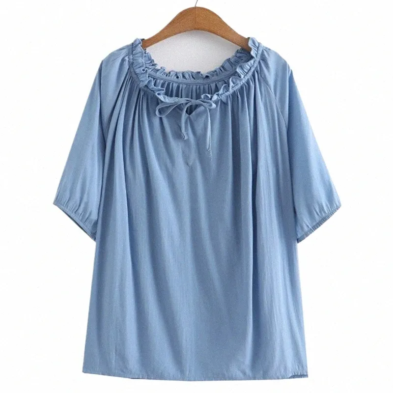 plus Size Blouses Women 2023 Summer Lace-Up Boat Neck Solid Color Tees Short Sleeve Tops Oversized Curve Clothes 92Ai#