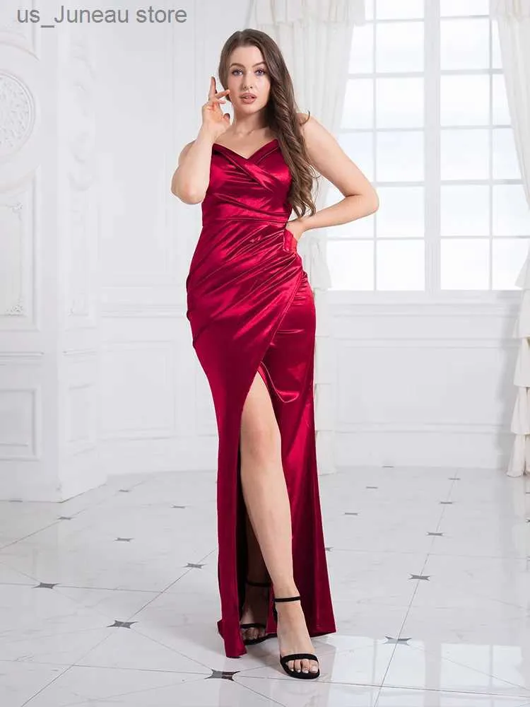 Robes décontractées de base Sexy col en V sans manches robe longue en satin extensible satiné moulant froncé creux avant fente dos nu robe longue été printemps T240330