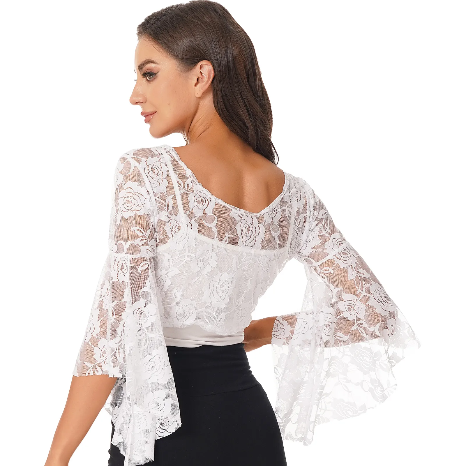 Womens Floral Lace Shrug Bolero Long Bell Sleeve Open Front