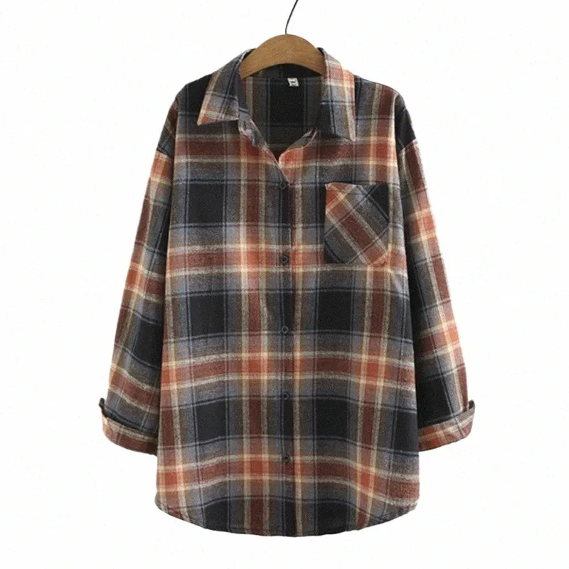 Koszulki damskie plus wielkości swobodne ubrania jesienne zima ctrast kolor kratowy vintage swobodny rękaw LG bluzki 35gr#