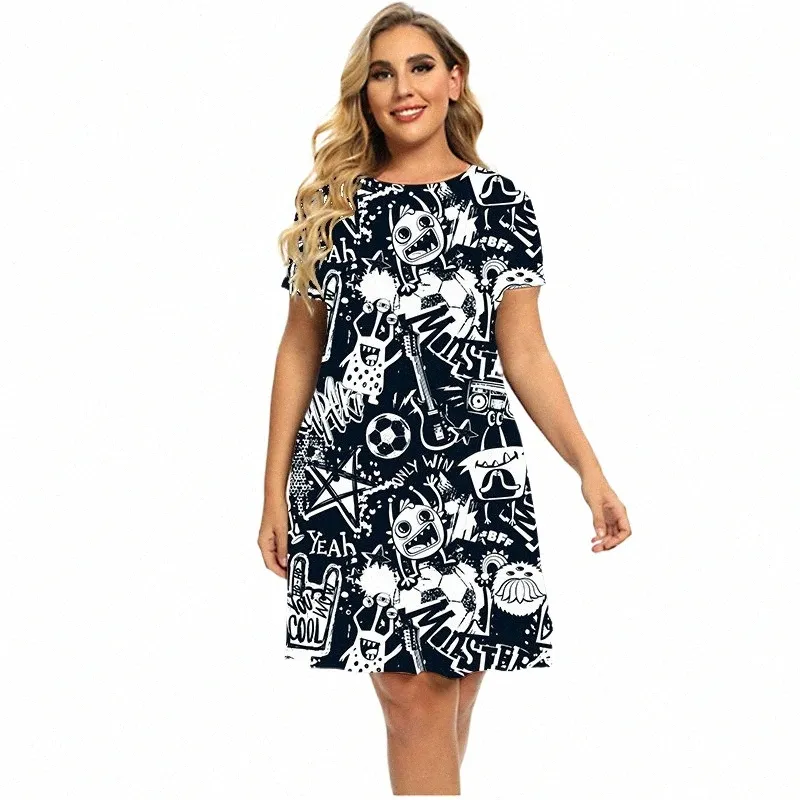 NOWOŚĆ FI CUTE Kawaii Dres Women Graffiti Print Hip Hop krótki rękaw luźne mini mini Dr Plus Size Summer Odzież 6xl H43Q#