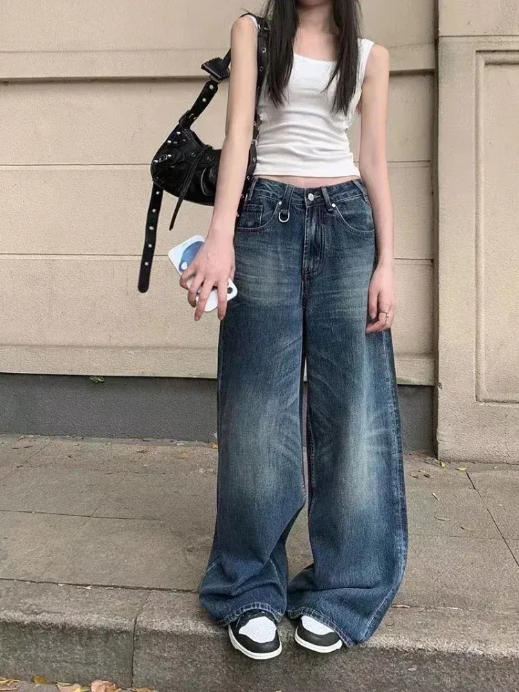 Baggy Blue Vintage Denim ladies wide leg trousers for Women