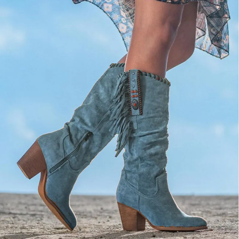 【WONDER WONDER】Reveal vintage belt suede 3cm middle boots CBGELRT Western Cowgirl Boots for Women Retro Fashion Tassel