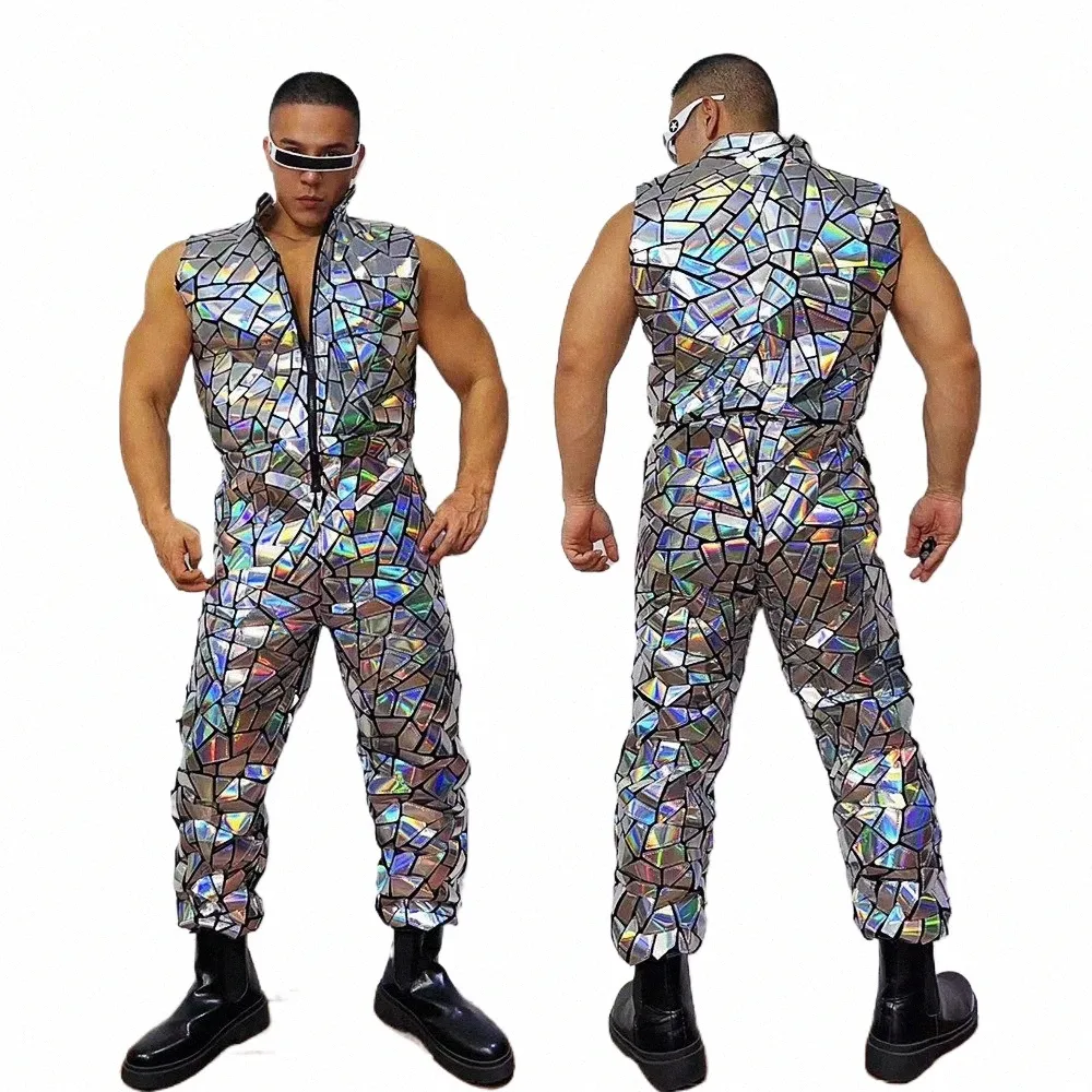 Glitter Sier Laser Mirror Sleevel Combinaison Hommes Hip Hop Dance Team Bar Stage Performance Costume Festival Party Rave Tenues h1MX #