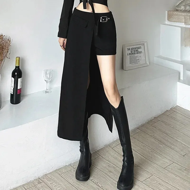 القوطي Dark Techwear Patchwor Techic Sexy Mini Women Grunge Irregular Hend High Weist Cargo Skirt Hip Hop Black Summer 240326