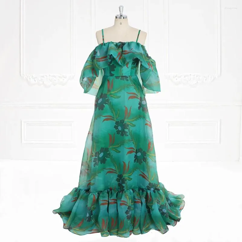 Robes de soirée Robe longue verte à imprimé floral, épaules dénudées, bretelles spaghetti, bal de promo YW231124