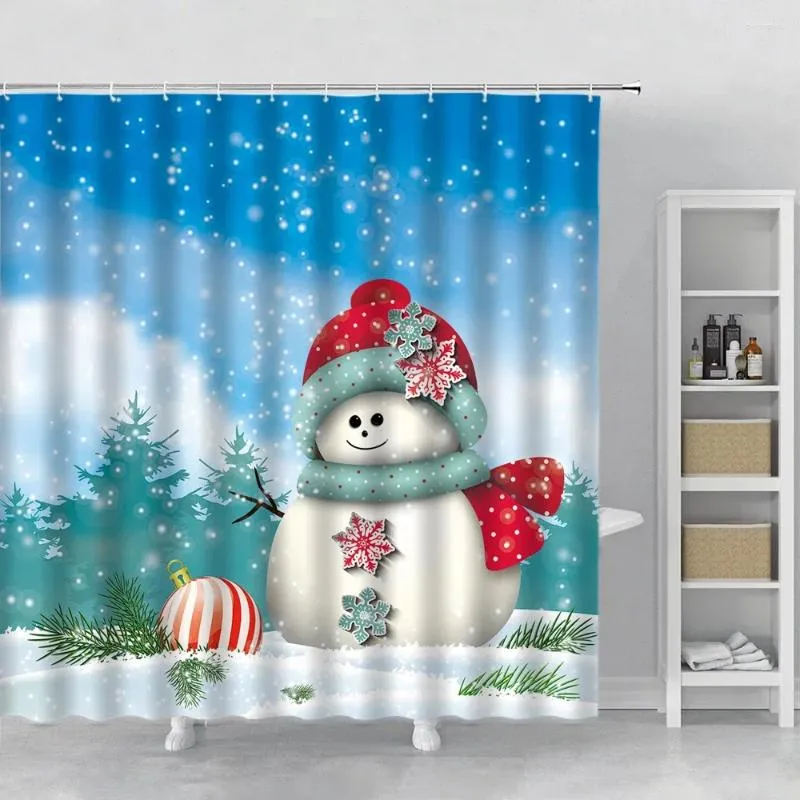 シャワーカーテンチャイルドクリスマスかわいい雪だるま緑のクリスマスツリーパインスノーフラークブルーバスルームバスカーテンイヤー装飾壁布