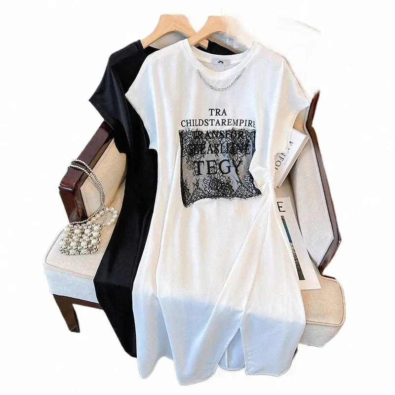 زائد الحجم الصيفي الصيفي للنساء Dr Lace Chibique Chain Trim Slit Slit Design T-Shirt Skirt Partyster Party Dr 281p#