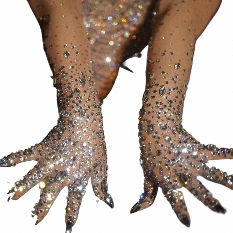 luxurious Stretch Rhinestes Gloves Women Sparkly Crystal Mesh Lg Gloves Dancer Singer Nightclub Dance Stage Show Accories V0mb#