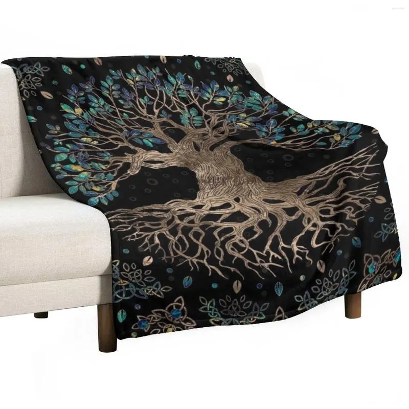 Dekens Tree Of Life - Yggdrasil Gouden en Marmeren Ornament Gooi Deken Dunne Bank Haar Designer