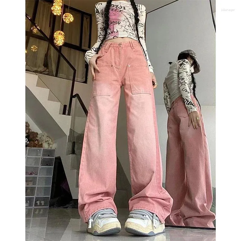 Damesjeans Duomofu roze losse vrouw hoge taille herfst winter wijde pijpen denim broek streetwear vintage rechte jeansbroek vrouwelijk