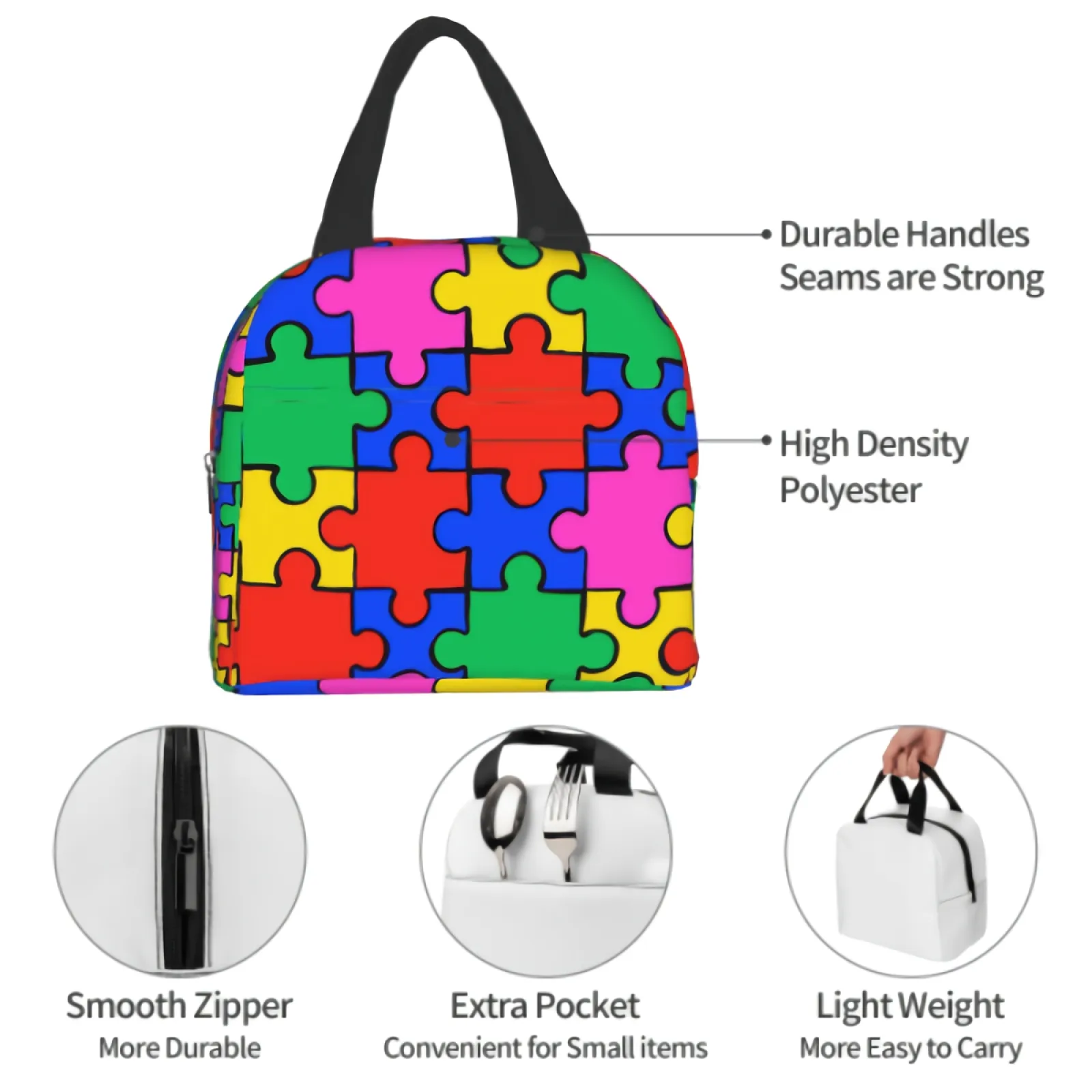 Puzzle coloré Sac à lunch isolé pour les femmes Split Joint Jigsaw Boîte à lunch réutilisable Tote de fuite pour le travail