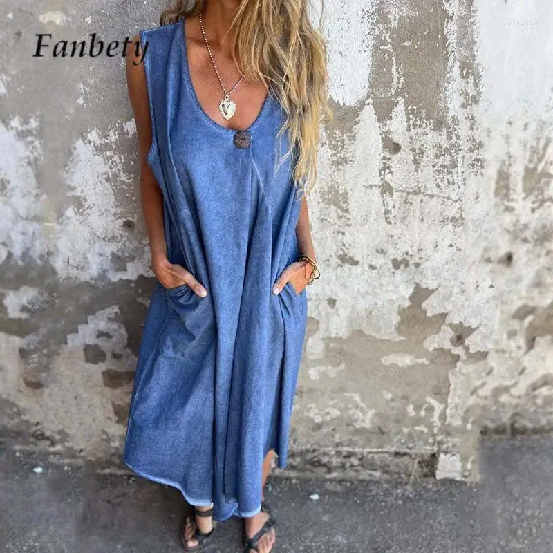 Casual Dresses Solid Color Sleeveless Midi Dress 2024 Summer Ladies Street Vest Holiday Women Button Pocket Loose Beach