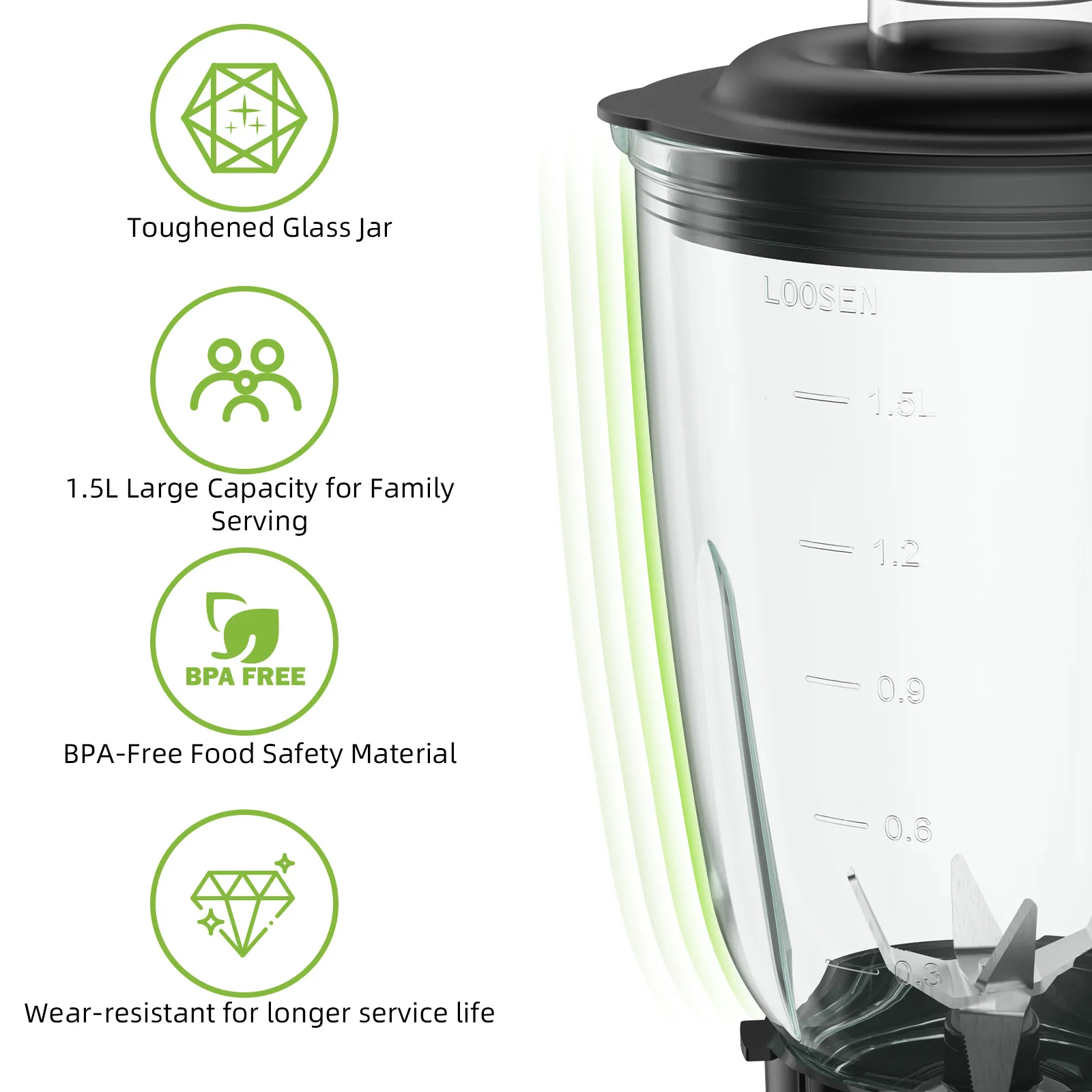 BioloMix 1300W Smoothie Blender with 1.5L Glass Jar for Frozen