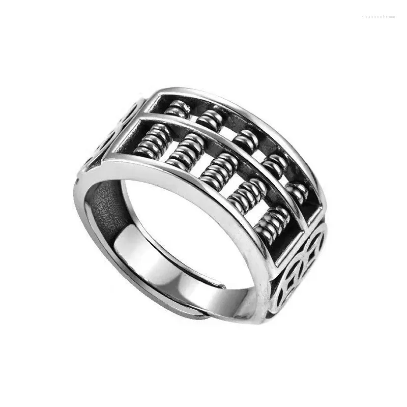 Cluster Rings 10mm Width Real S925 Sterling Thai Silver Retro Chinese Folk Customs Coin Abacus Lucky Open Ring Woman Jewelry Gift