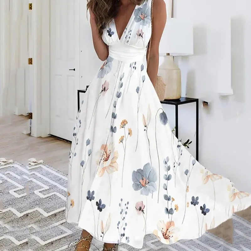 chinese dress ladies V-NECK RUFFLE SLEEVELESS SIDE SLIT TROPICAL PRINT MAXI DRESS  Riah Fashion
