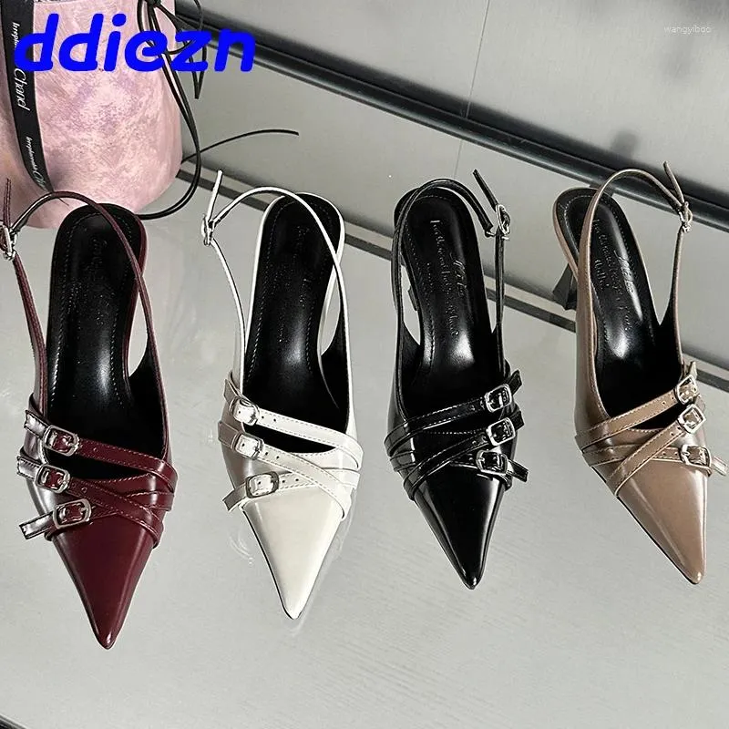 Dress Shoes Fashion Metal Buckle Ladies Heels Female Slingbacks 2024 Pointed Toe Pumps Women High Wine Red Footwear