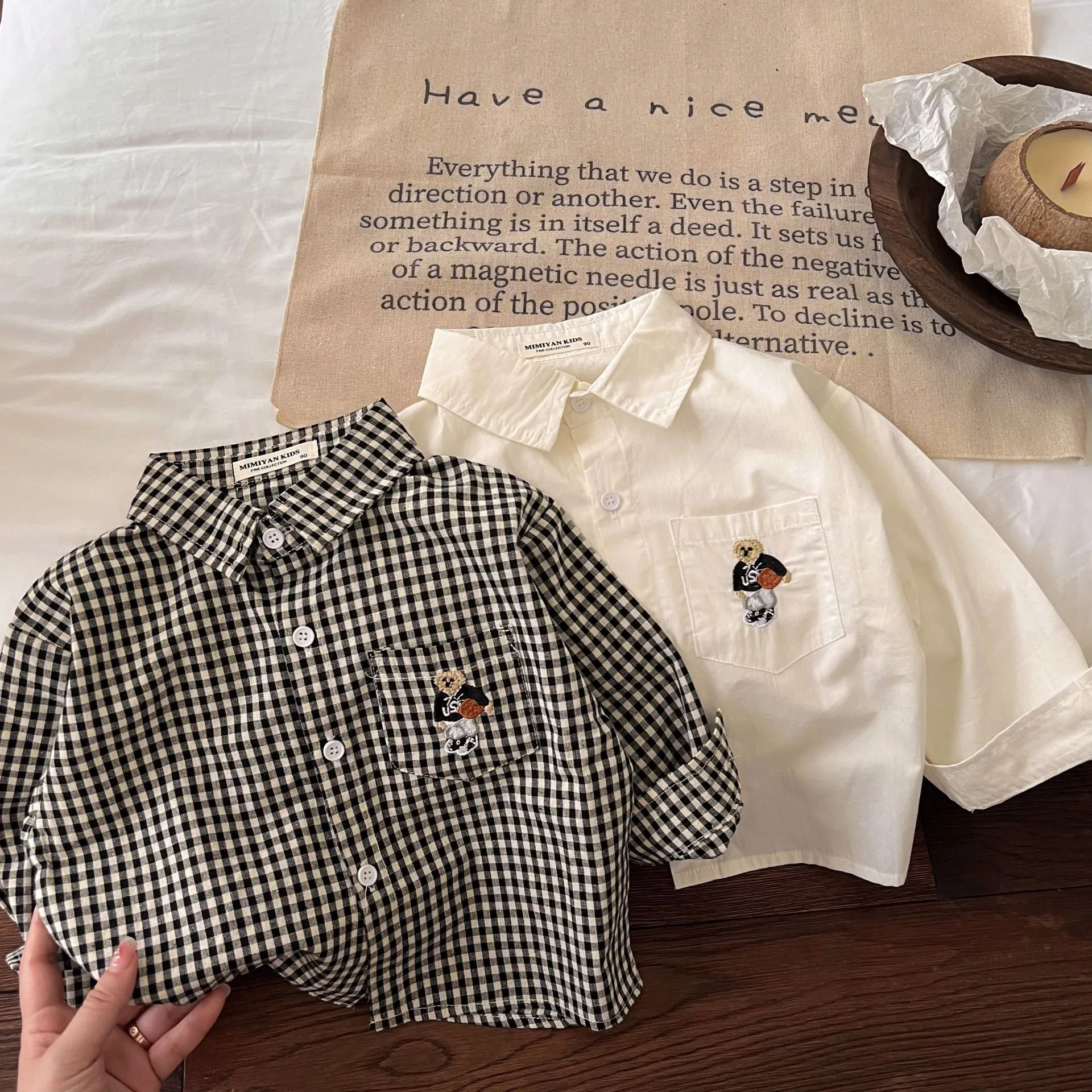 Korean Bear Autumn Embroidery Shirt - Premium Cotton Top for