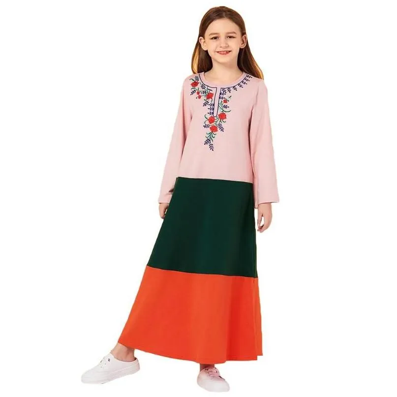 Ethnic Clothing Kids Girls Long Dress Muslim Abaya Dubai Kaftan Children Islamic Jilbab Flower Embroidery Burqa Maxi Cocktail Robe Gow Dhqqb